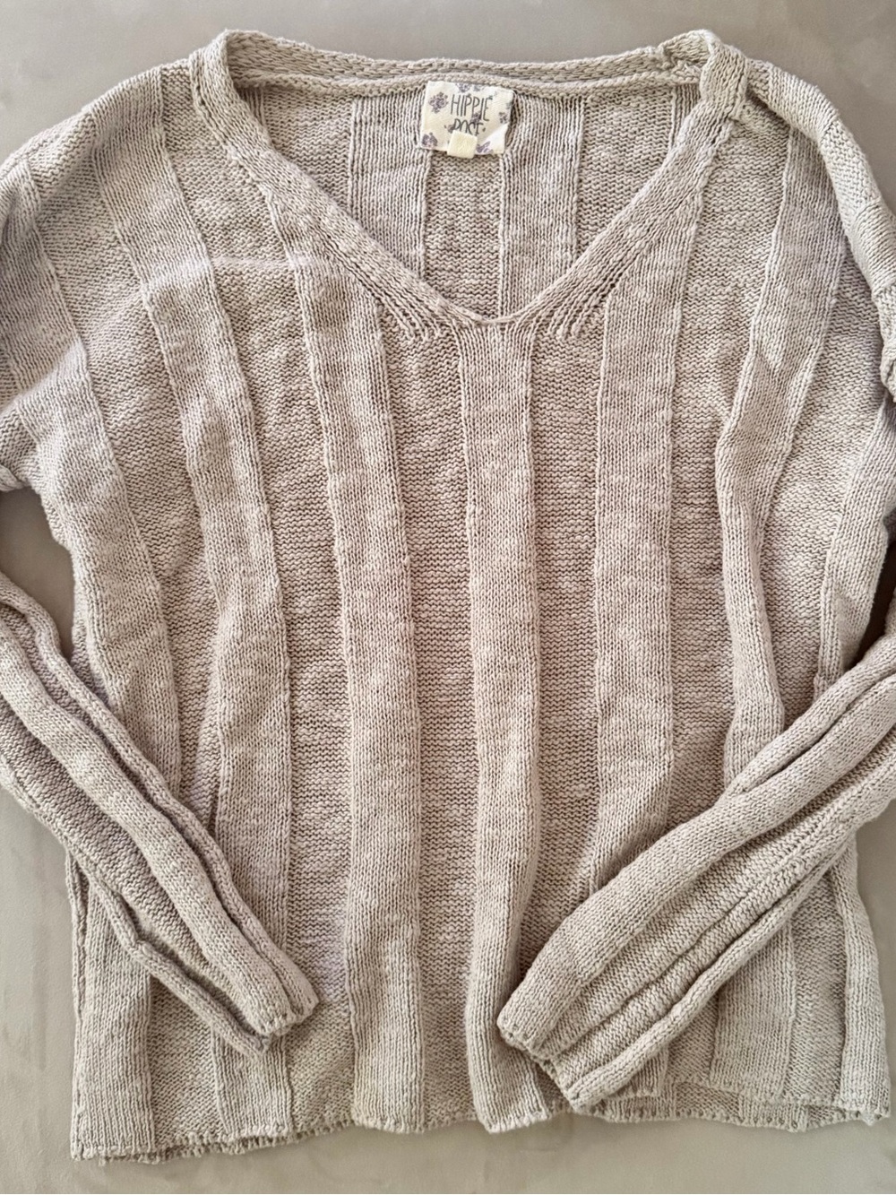 Hippie Rose Neutral Beige V-Neck Rope-Knit Sweater